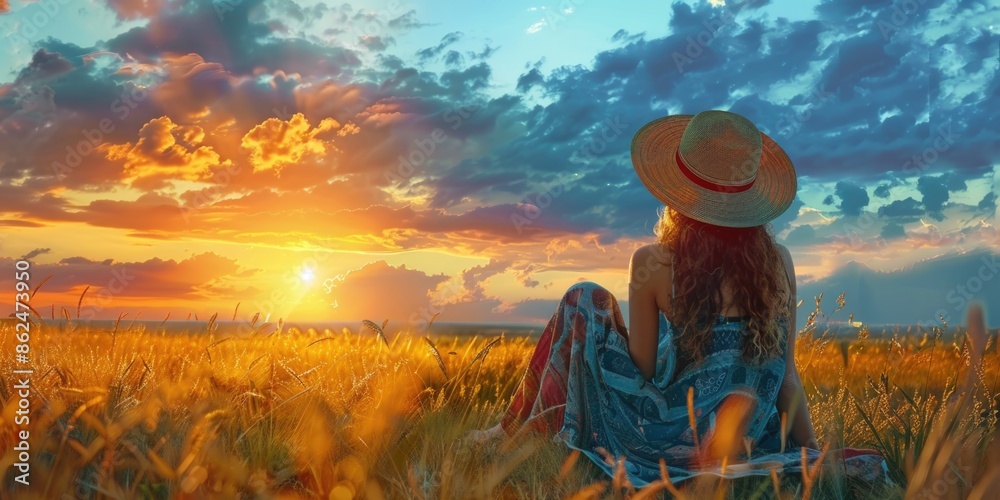 Fototapeta premium Boho Woman Enjoying Sunset Outdoors