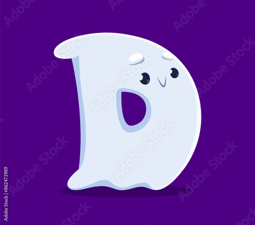 Halloween font, letter D of cartoon ghost character for kid monster alphabet, vector ABC typography. Halloween font type or typeface of comic horror boo or funny spooky ghost in shape of letter D