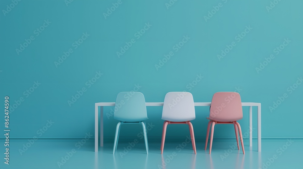 Three colorful chairs lined up against a turquoise background. Modern minimalistic design in pastel tones for contemporary decor. Three colorful chairs lined up against a turquoise background. Modern minimalistic design in pastel tones for contemporary decor.