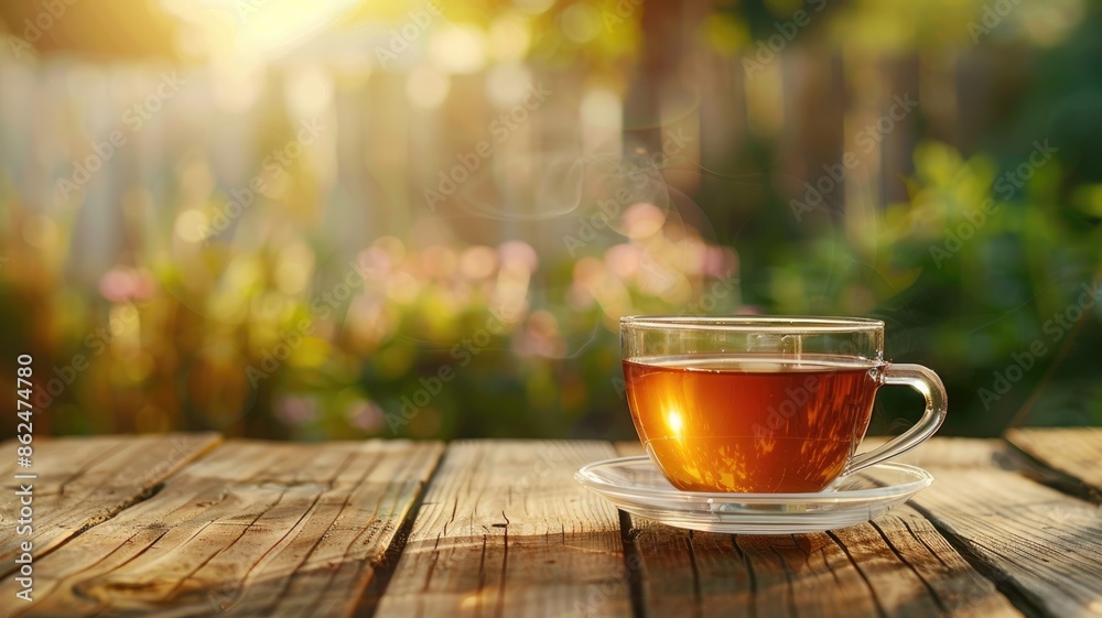 Steaming cup of tea on outdoor wooden table with sunlight filtering through foliage Steaming cup of tea on outdoor wooden table with sunlight filtering through foliage