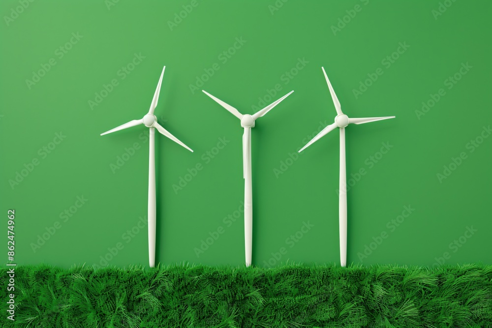 Three white wind turbines on green background, representing renewable energy and sustainable power sources against a grassy texture. Three white wind turbines on green background, representing renewable energy and sustainable power sources against a grassy texture.