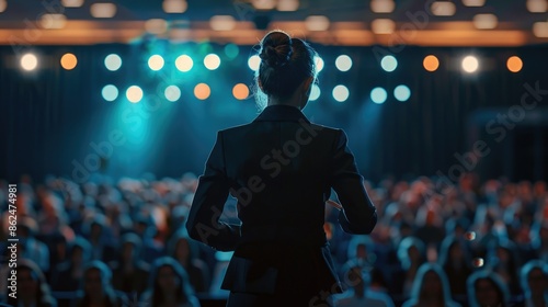 Businesswoman motivational speaker standing on stage in front of an audience for a speech at conference or business event