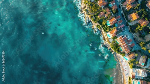 Aerial view of coastal town with clear turquoise water and clustered houses photo