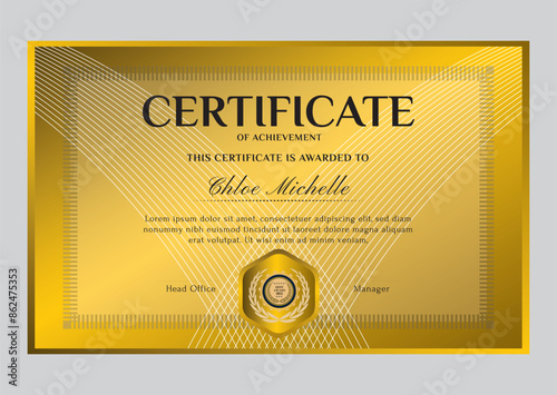 Elegant black and gold blue diploma certificate template with luxury badge and modern line pattern. For award, business, and education needs. Use for print, certificate, diploma, graduation