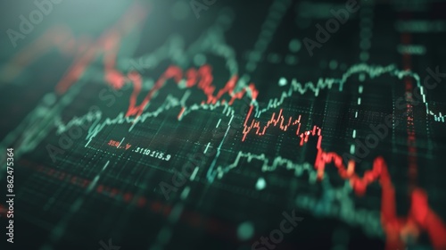 Double exposure of a bearish financial chart and a bright stock market chart on a digital screen, green and red graph lines showing fluctuations
