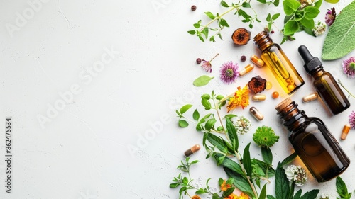 Assorted essential oils in amber bottles with herbs and flowers on white background