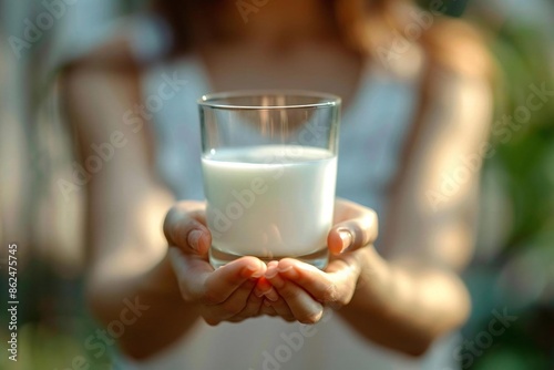woman holding a glass of milk with a palm sign of rejection, symbolizing lactose intolerance and dairy avoidance.