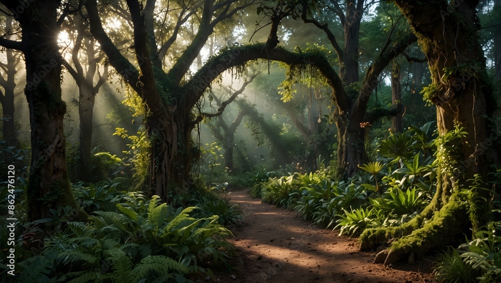 Naklejka premium An enchanted forest where ancient trees whisper secrets to those who listen ai_generated