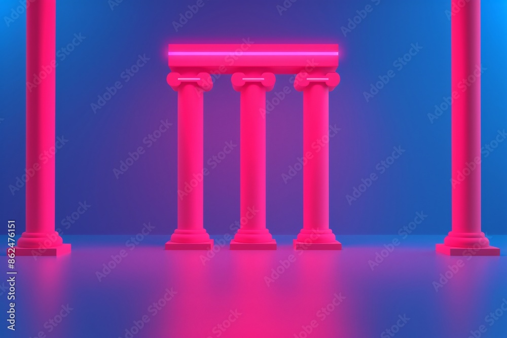 Vibrant neon pillars with a futuristic aesthetic, bathed in pink and blue lighting, creating a dramatic architectural display.