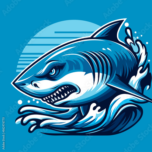 Angry shark appears from the blue ocean waves moon in the background flat vector illustration good for cartoon animation, t-shirt print and sticker graphics