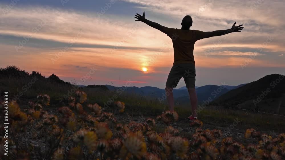 Silhouette of a man with arms wide open in nature.	
