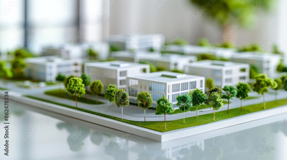 Model of an eco factory integrated with a green residential community, highlighted by extensive trees and greenery, promoting eco-conscious living Model of an eco factory integrated with a green residential community, highlighted by extensive trees and greenery, promoting eco-conscious living
