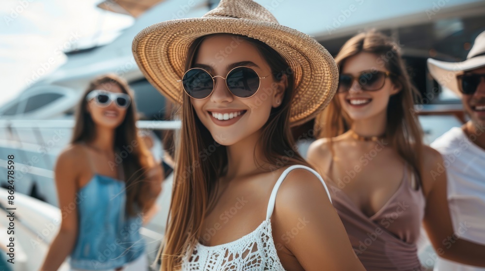 Beautiful young woman with friends posing in front of luxury yacht.