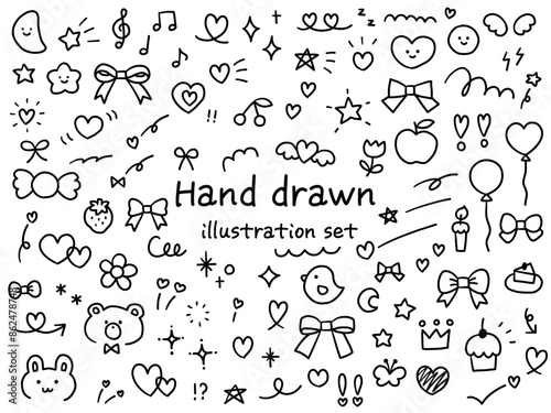 手描きのかわいい飾りイラストのベクターイラストセット　ハート　動物　星　花　手書き　リボン　苺　