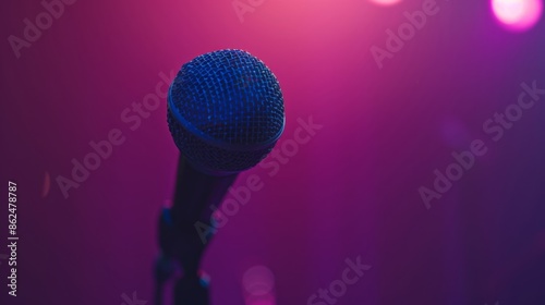 143. A close-up of a microphone on a stage with a speaker standing behind it, symbolizing the power of speech and the art of public speaking.