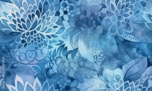 abstract ornamental floral watercolor background, shades of blue, soft, pattern