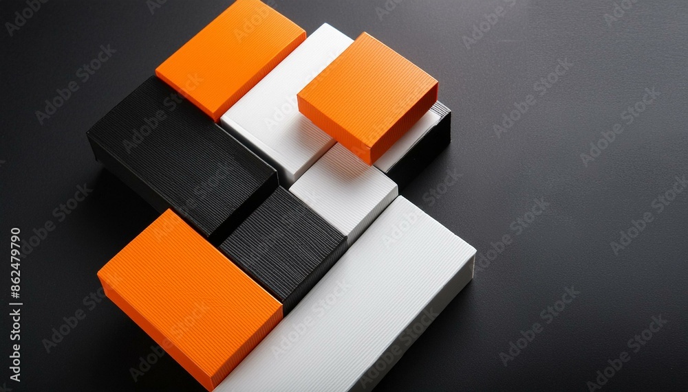 Modern Minimalism: Overlapping Squares in White, Black, and Orange on Dark Background Modern Minimalism: Overlapping Squares in White, Black, and Orange on Dark Background