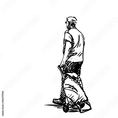 Adult man walking with shopping bag on wheels, View from back, Hand drawn illustration, Vector sketch of city dweller black and white isolated