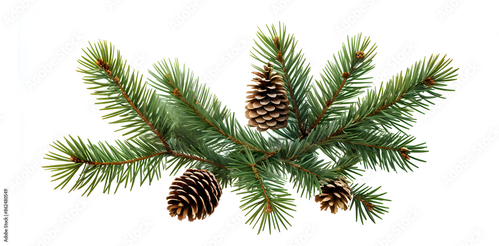 Fir tree branches with cones isolated on white background. Winter holidays decoration. Evergreen tree. Top view.
Fir tree branches with cones isolated on white background. Winter holidays decoration. Evergreen tree. Top view.