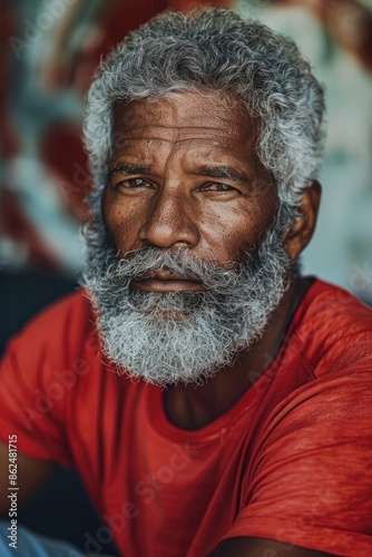 A portrait of a senior African American man with a beard wearing a red shirt