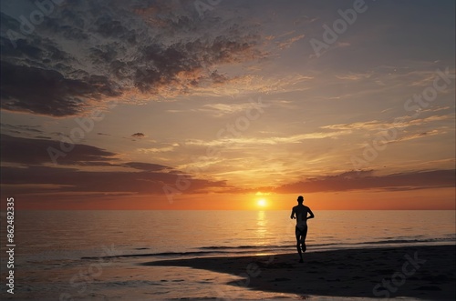 Silhouette of a running man in the evening at sunset.