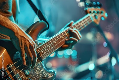  Electric bass guitar player hands, live music.