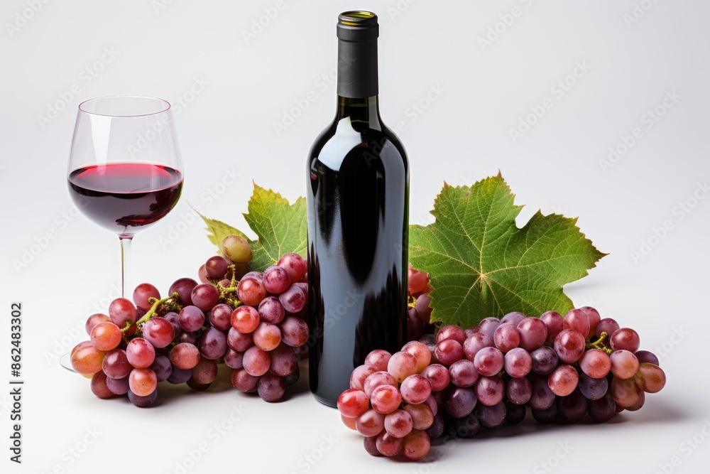 Obraz premium Red wine bottle with wine grapes,isolation white background