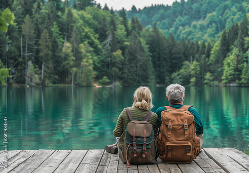 Älteres Ehepaar erholt sich nach einer Wanderung am See photo