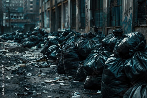 Black garbage bags piled on a street