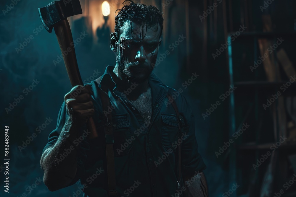 Evil man with a axe. mysterious man Evil man with a axe. mysterious man