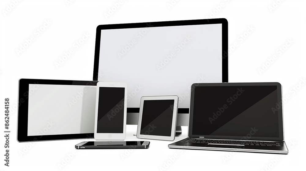 Flat lay of multiple electronic devices including laptops, tablets, and smartphones, set against a white background.