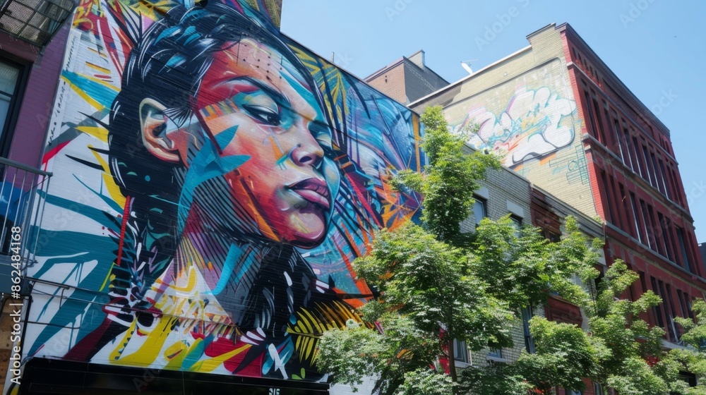 Naklejka premium 5. A street art mural on a building wall in a vibrant urban neighborhood, showcasing the creativity and artistic expression of city life.