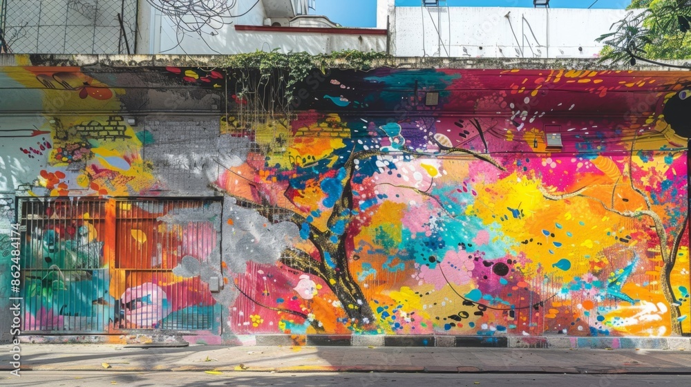 Obraz premium 5. A street art mural on a building wall in a vibrant urban neighborhood, showcasing the creativity and artistic expression of city life.