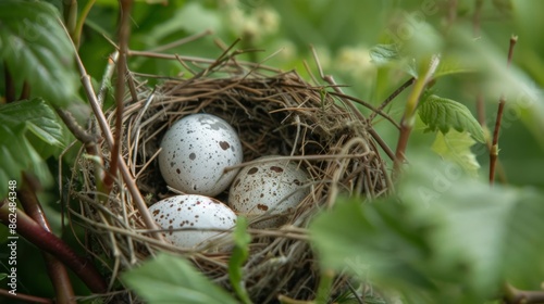 52. A close-up of a bird's nest with eggs, highlighting the fragility and wonder of nature.
