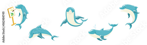 Blue Bottlenose Dolphin Performing Show Trick Vector Set
