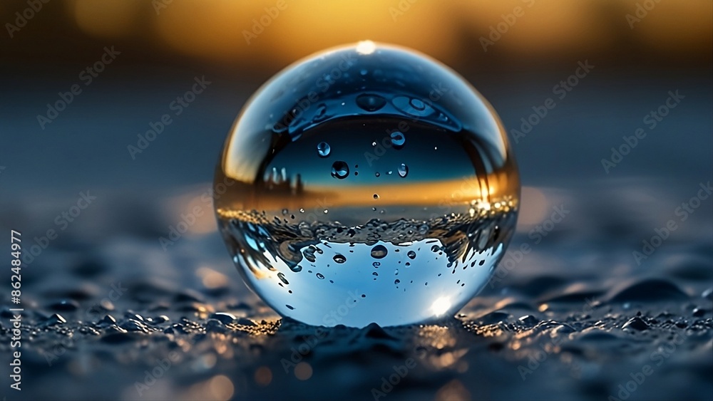 A crystal ball that reflects the surrounding scenery beautifully. Crystal ball on dewy ground