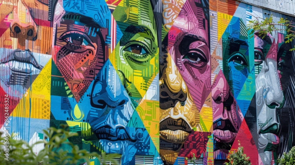 Naklejka premium 28. A street art mural on a building wall depicting a social message, showcasing the power of art to raise awareness and promote social change.