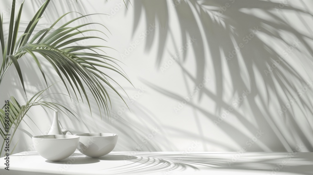 Fondo de color blanco con sombras de una planta, recurso gráfico para presentación de productos Fondo de color blanco con sombras de una planta, recurso gráfico para presentación de productos