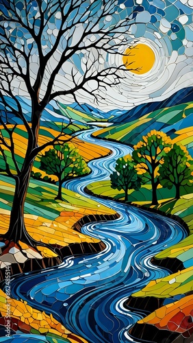  Abstraktion Landschaft mit Fluss und Baum 9x16. Hintergrund für das Design 1. © nitroziklop7