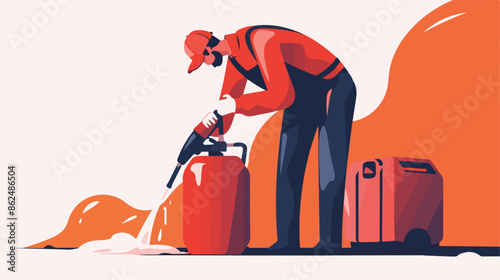 Man with oil can and filling nozzle. flat vector style