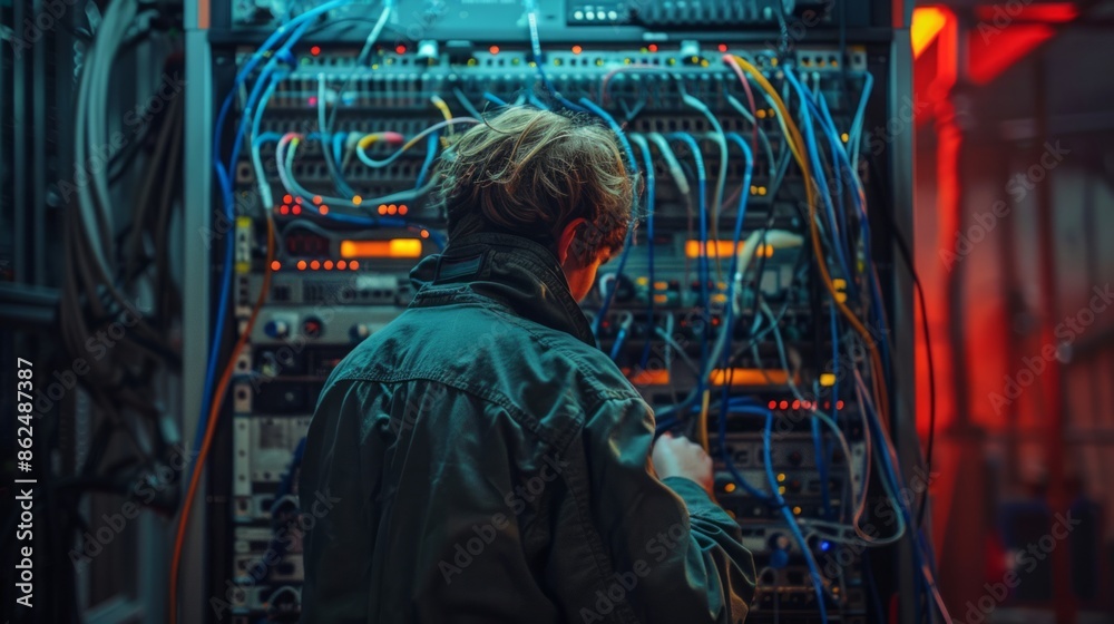 Technician Engaged in Network Server Rack Maintenance under Warm Neon Lights Technician Engaged in Network Server Rack Maintenance under Warm Neon Lights