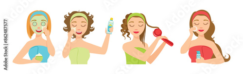 Woman Enjoy Beauty Procedure Routine and Self Care Vector Set
