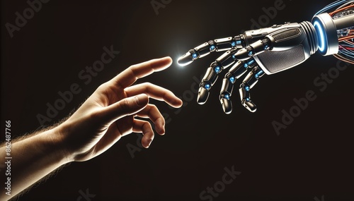 Human hand and a robotic hand reaching out to each other, symbolizing the connection between humanity and technology © franxxlin_studio