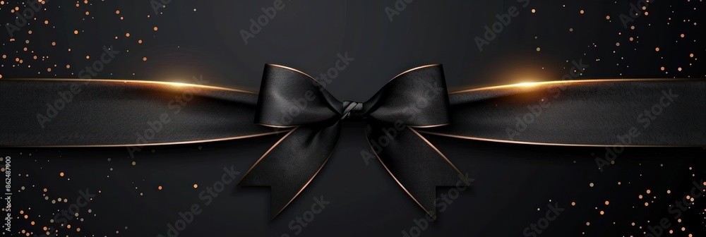 Black satin ribbon bow with golden light effect on a black background ...