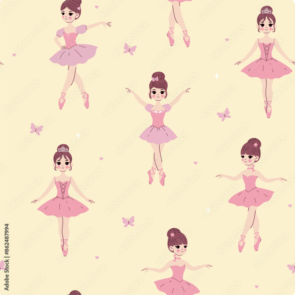 Seamless pattern with cute ballerinas in pink dresses. Vector graphics. Seamless pattern with cute ballerinas in pink dresses. Vector graphics.