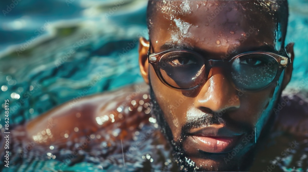 Fototapeta premium Handsome black man swimmer athlete. Sports, diversity and inclusion concept