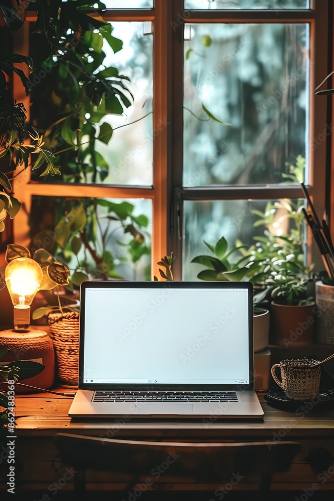 Laptop with a blank screen on an office desk, Business tool, Workspace