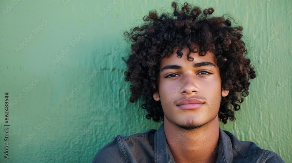 Handsome young man with curly hair in front of a green background wall.