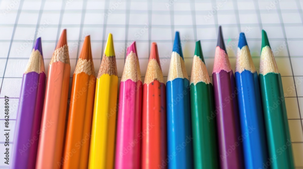 Fototapeta premium Top view of colored pencils on graph notebook back to school concept
