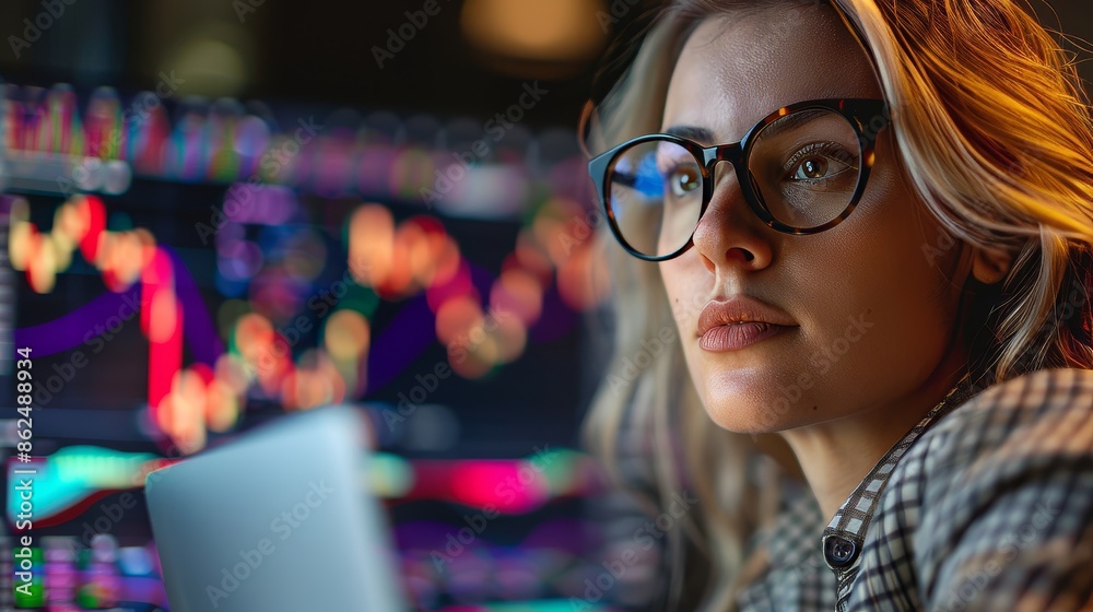 An image of a businesswoman with a laptop, analyzing a stock chart, displaying focus and proficiency in financial analysis. An image of a businesswoman with a laptop, analyzing a stock chart, displaying focus and proficiency in financial analysis.